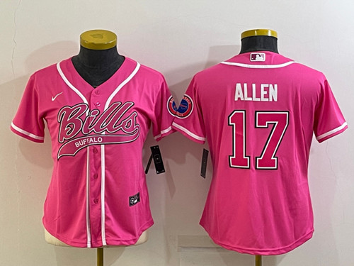 Women's Buffalo Bills #17 Josh Allen Pink With Patch Cool Base Stitched Baseball Jersey(Run Small)